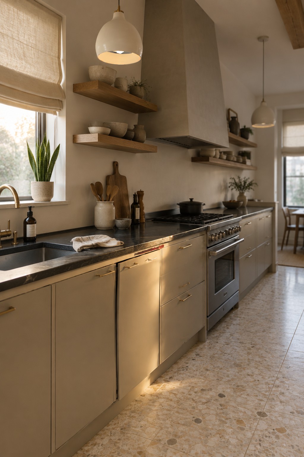 Warm greige kitchen cabinets paired with dark stone countertops.