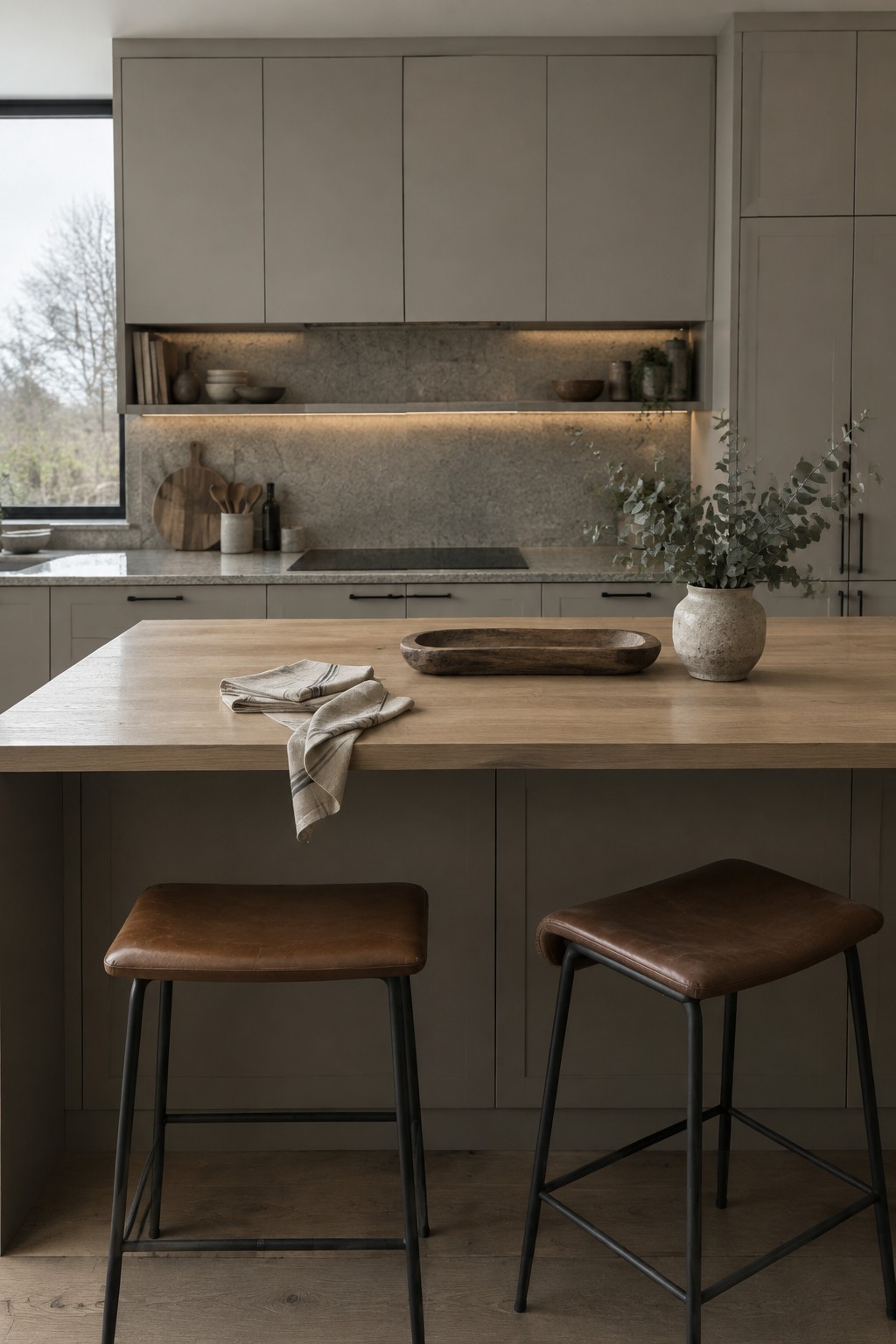 Warm greige kitchen cabinets with a natural stone backsplash and countertop.