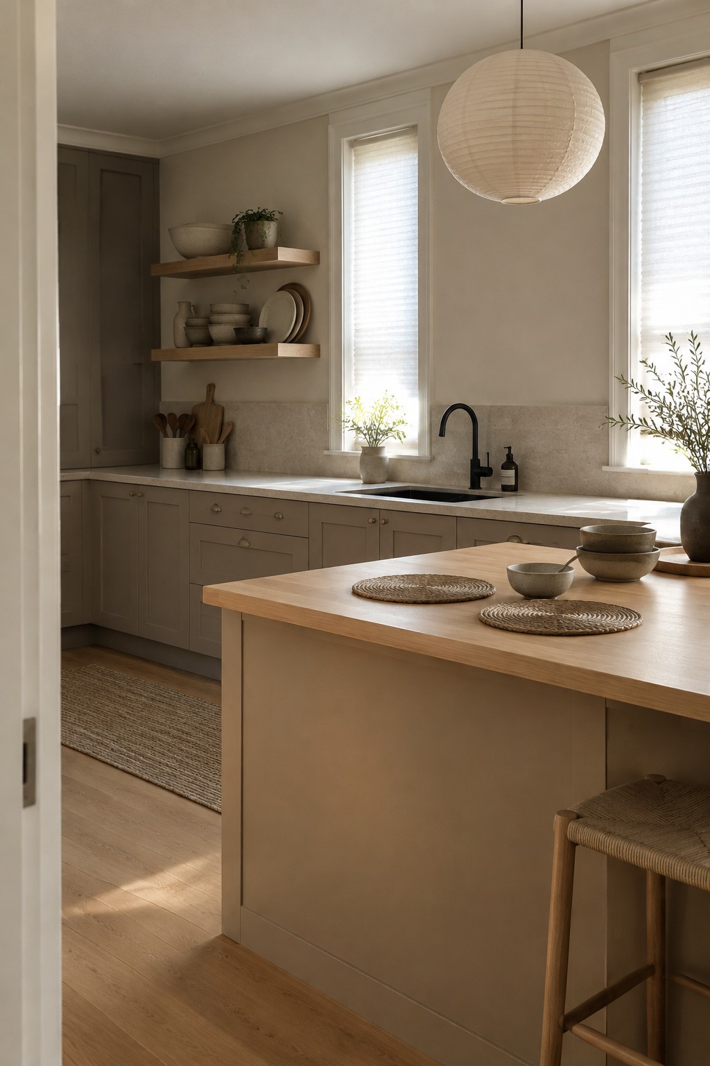 Warm greige kitchen cabinets beside a pale natural stone backsplash and wood island.