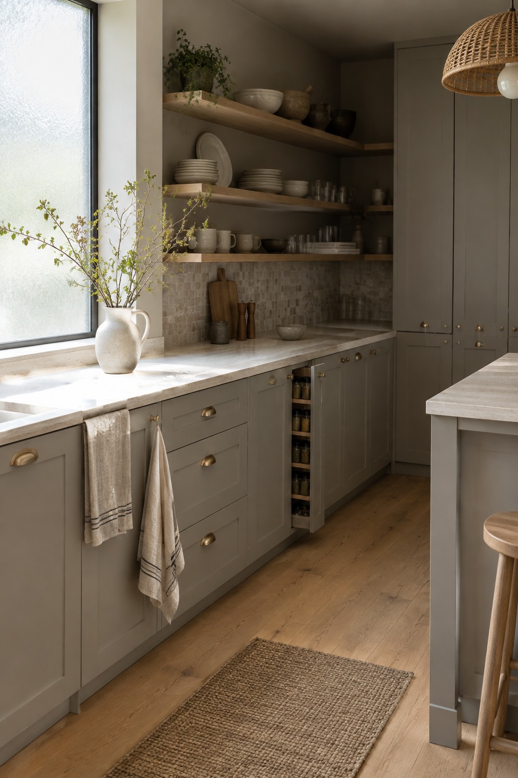 Warm greige kitchen cabinets paired with pale marble counters and backsplash.