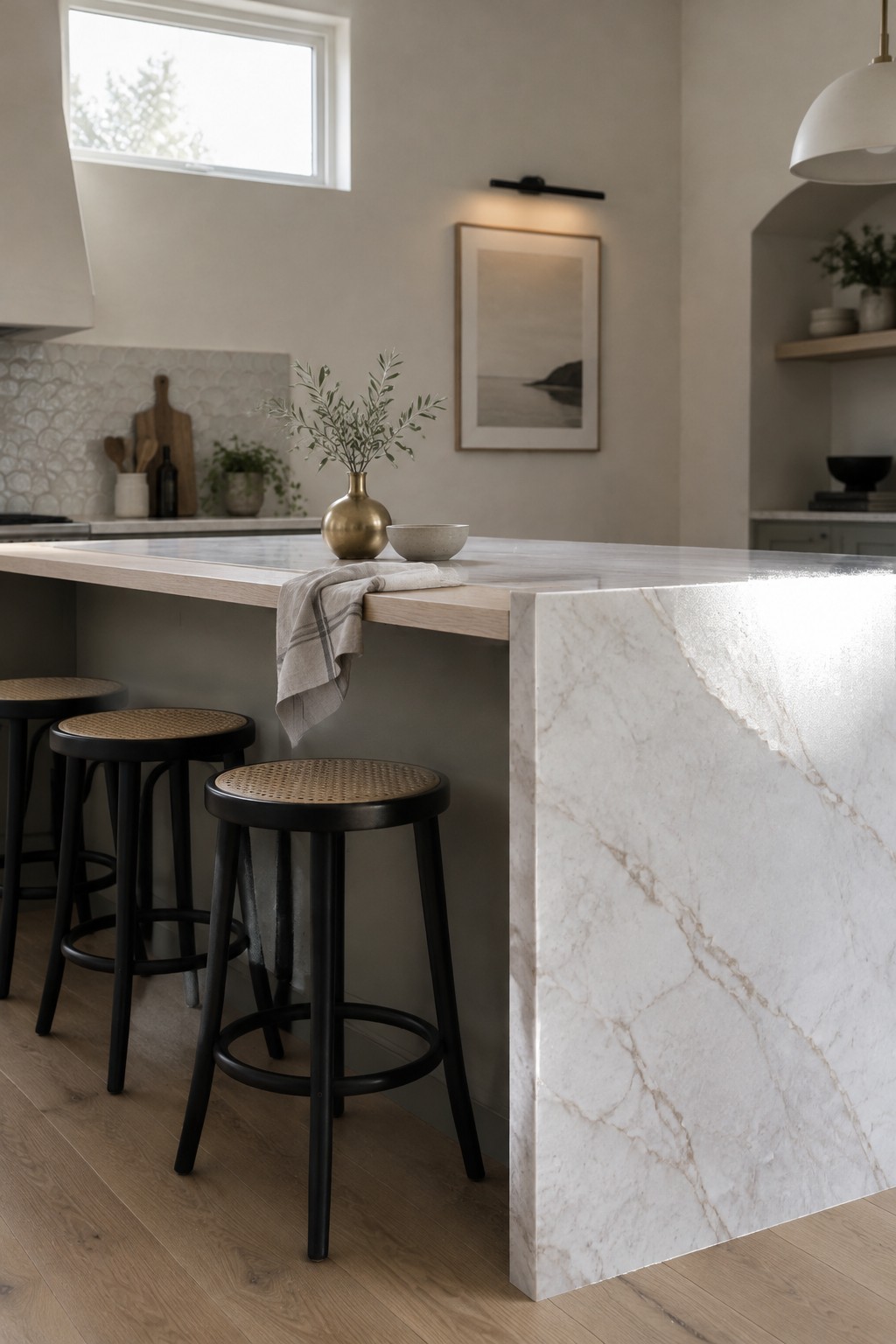 Warm greige kitchen walls beside a pale marble island with natural veining.