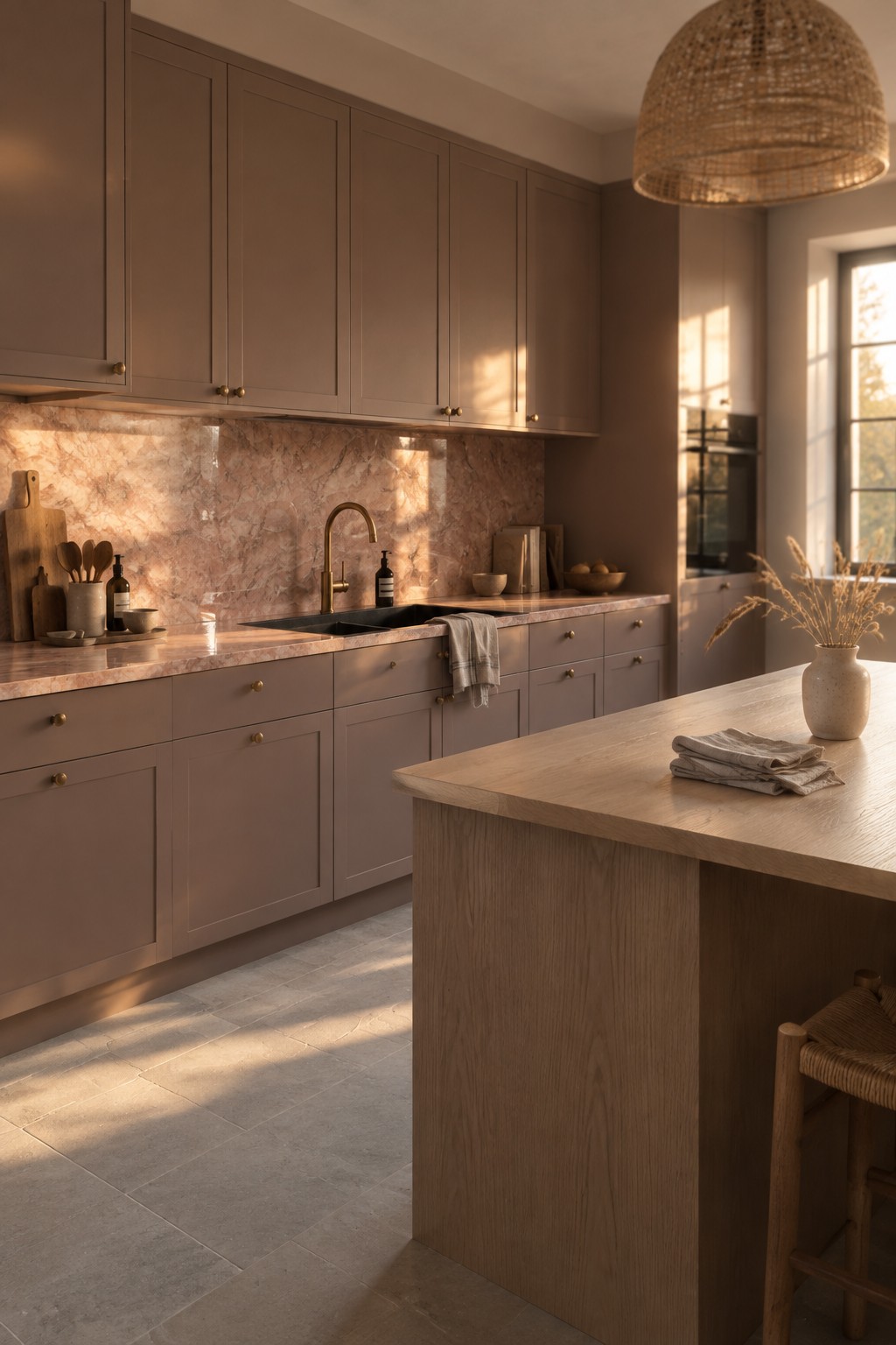 Warm taupe kitchen cabinets paired with a blush-toned natural stone backsplash and countertop.