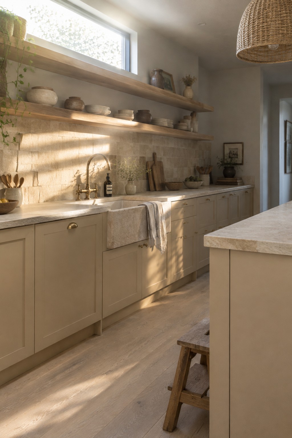 Warm taupe kitchen cabinets paired with cream natural stone counters and backsplash.