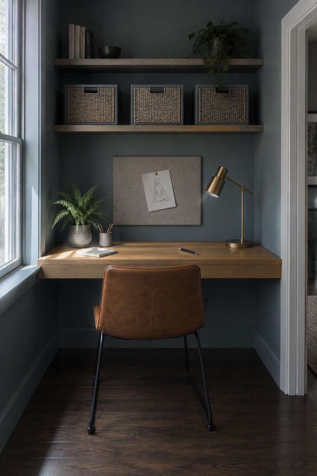 Deep blue-gray walls frame a small home office with a warm wood desk.