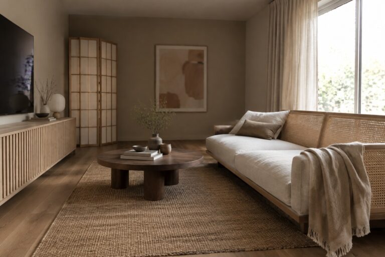 Warm taupe walls in a Japandi living room with wood flooring and furniture.