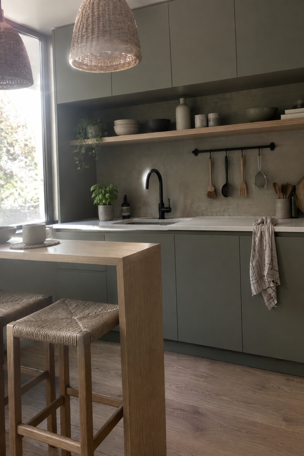 Muted gray-green kitchen cabinets paired with warm oak and pale countertops.