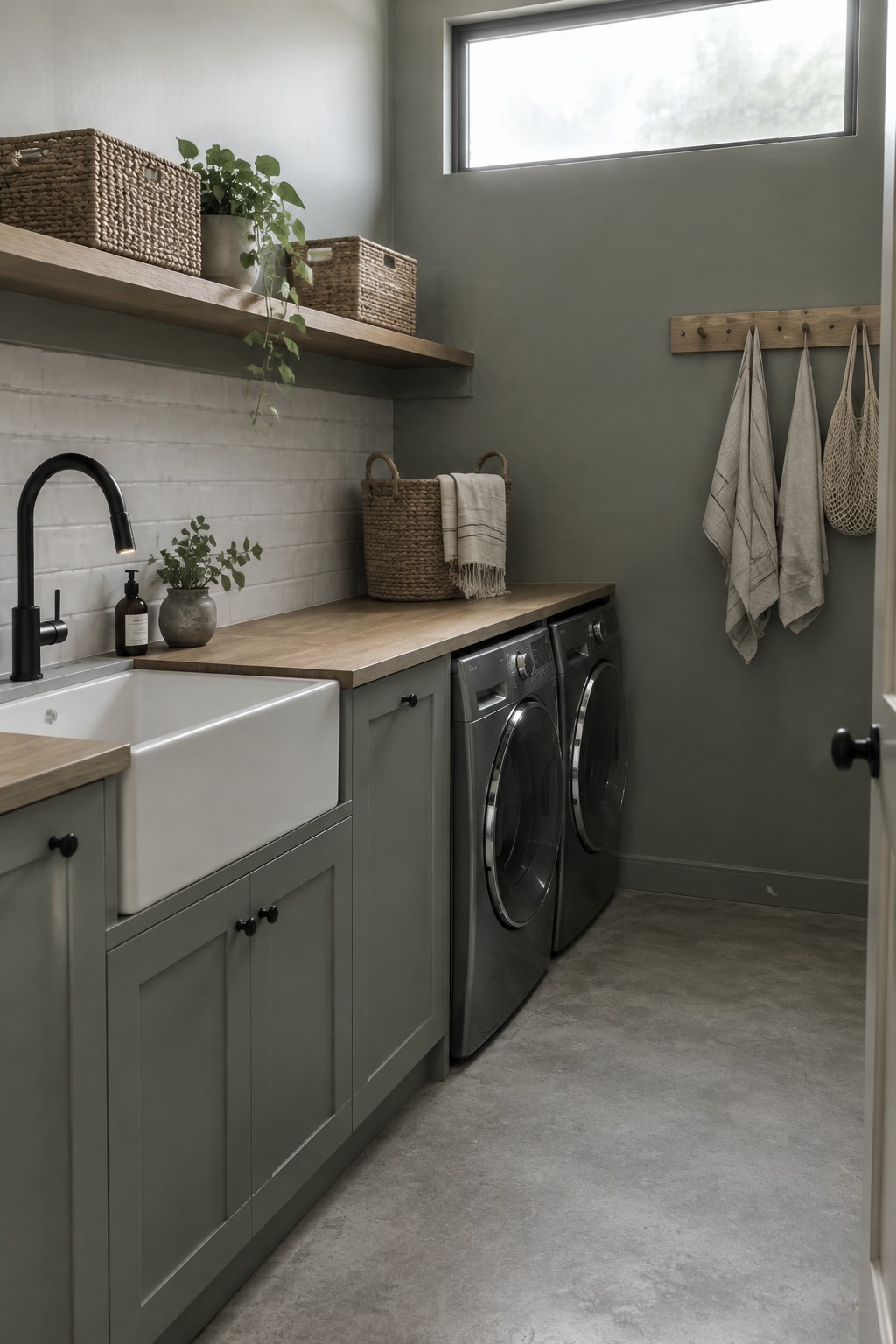 Muted sage green laundry room walls above white tile.