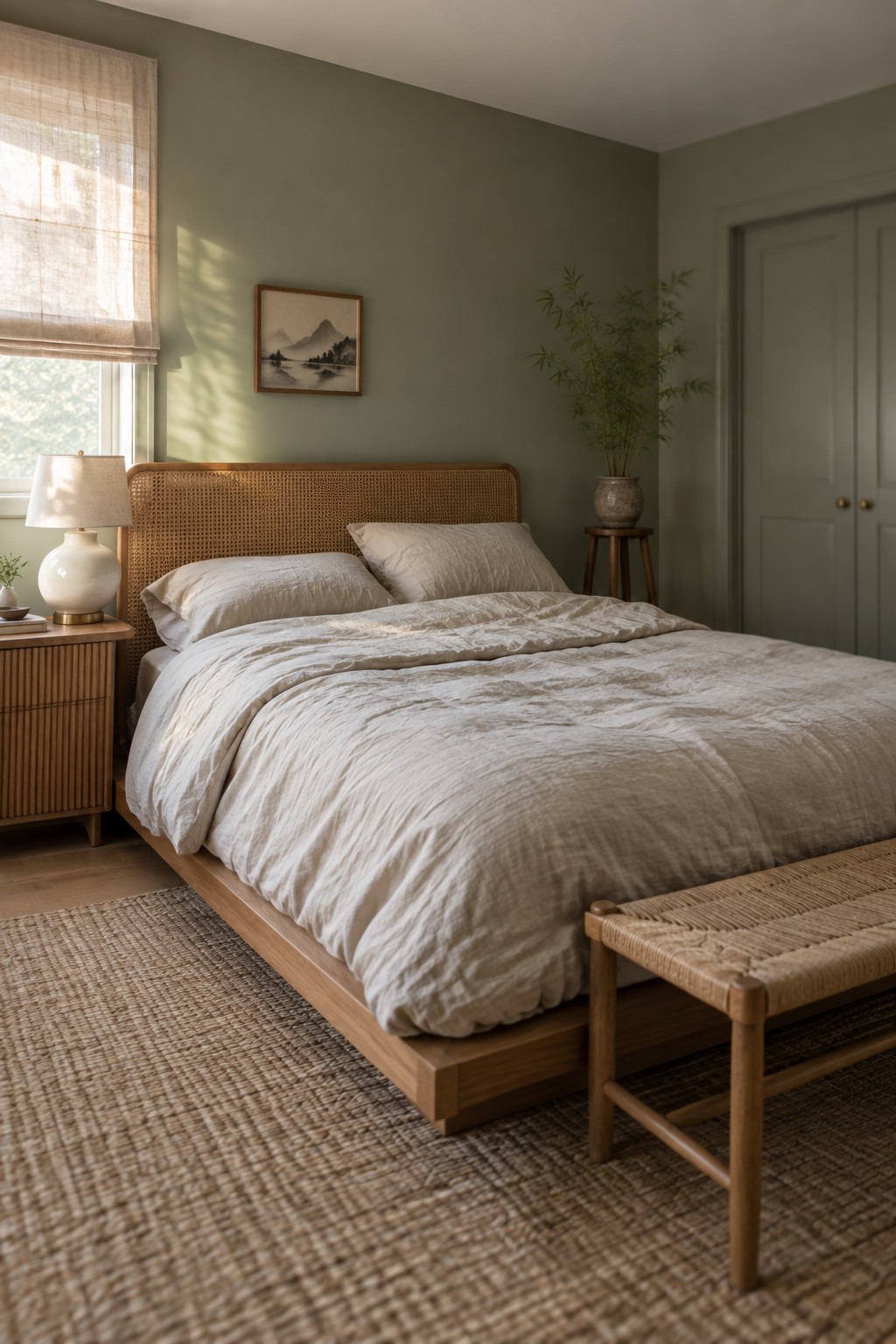 Muted sage green bedroom walls with a warm cane headboard and wood bed frame.