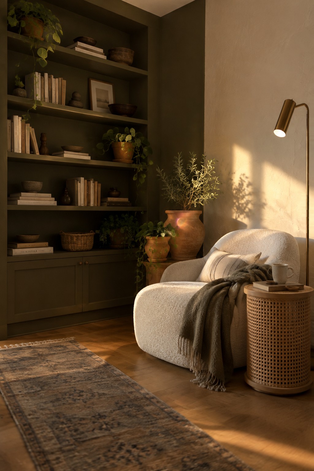 Deep olive-green built-in shelves beside a cream reading chair and warm wood flooring.