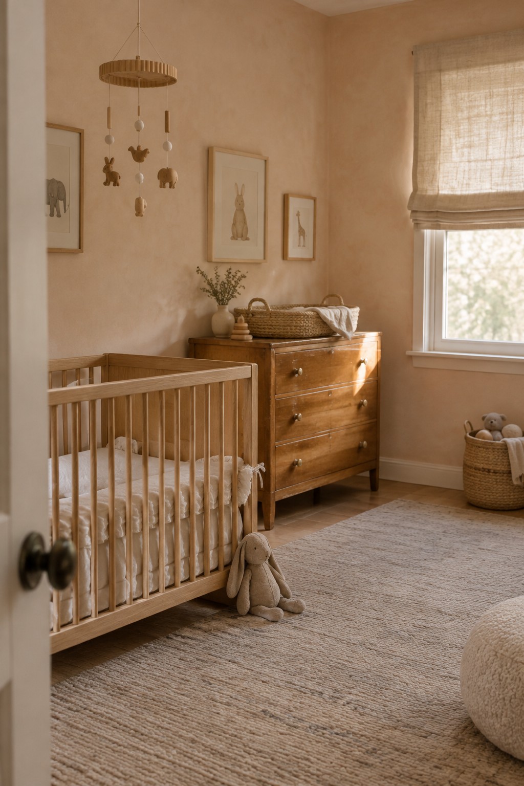 Warm peach-beige nursery walls beside a light oak crib and dresser.