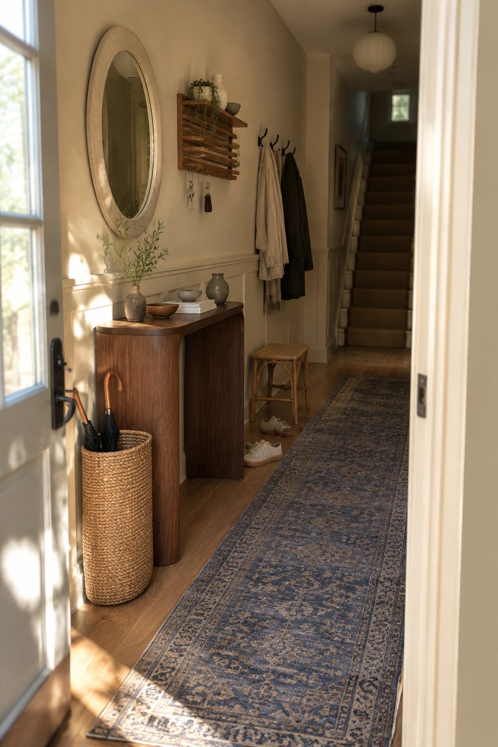 A softly beige entry hall with warm wood floors and white wainscoting.
