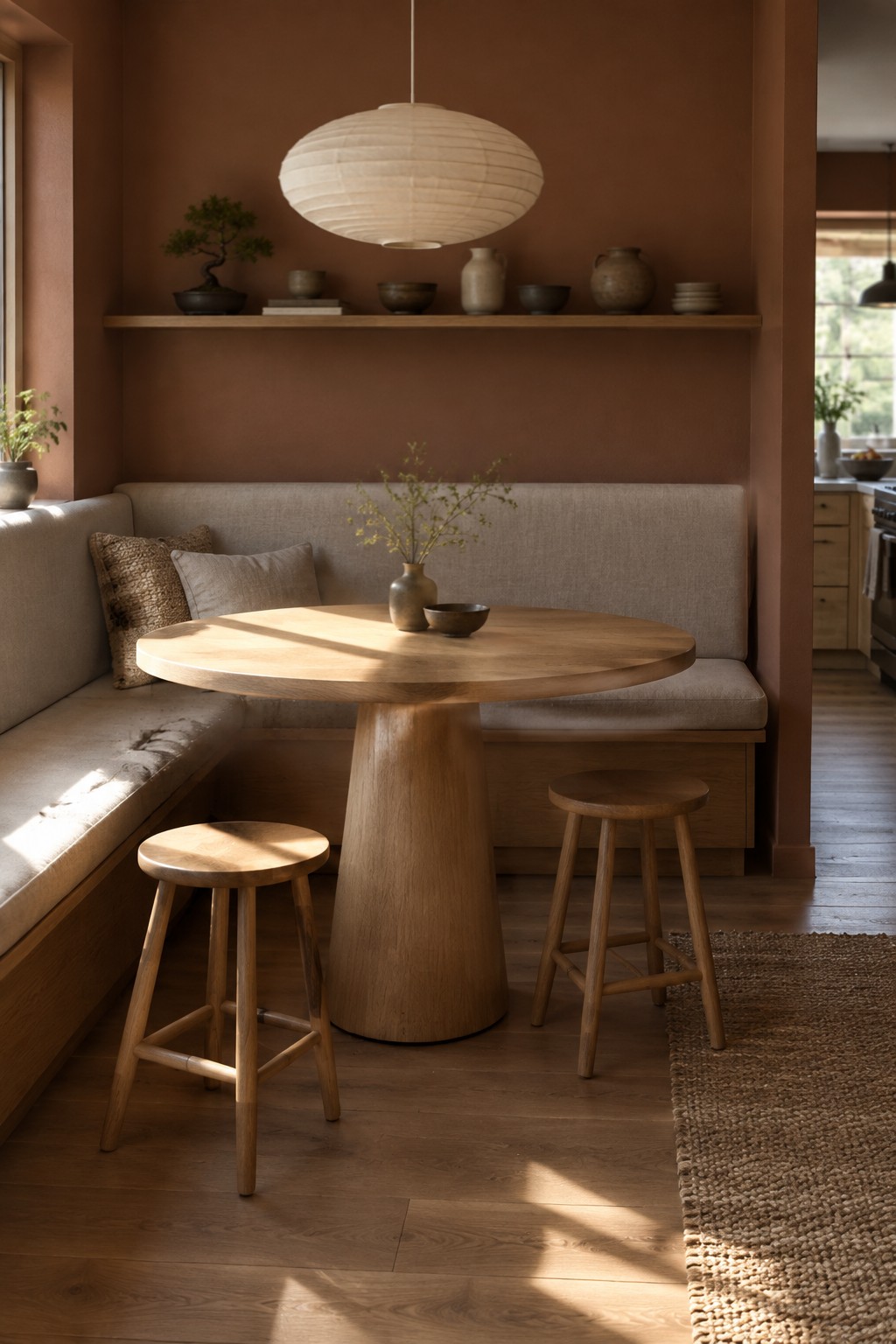Terracotta-brown walls in a dining nook with a pale oak table.
