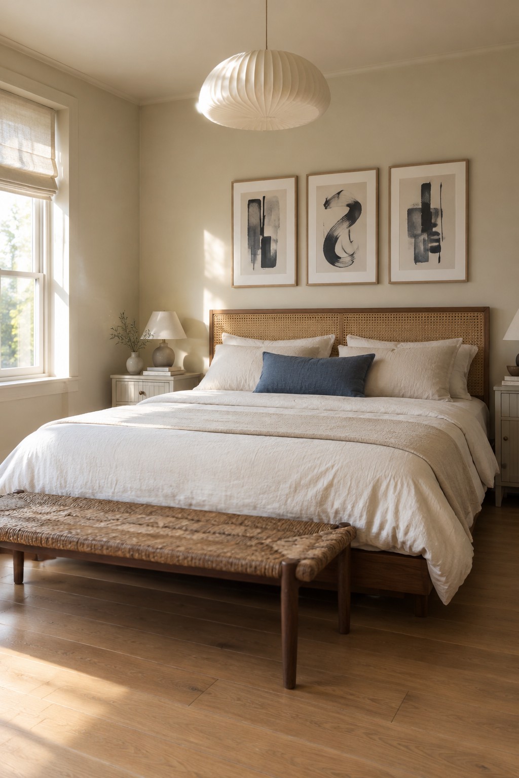 Warm cream bedroom walls beside a cane headboard and oak flooring.