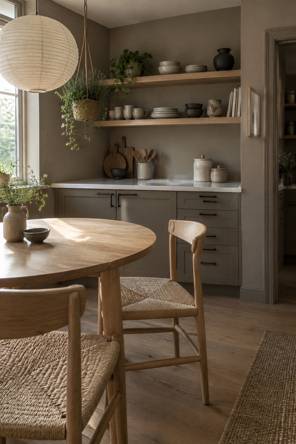 Warm taupe kitchen walls with pale oak shelves and cabinetry.