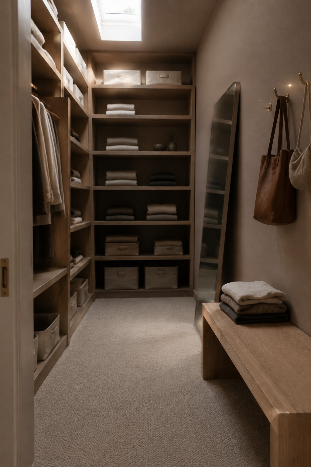 Warm greige paint on built-in dressing-room shelves and walls beside natural wood.