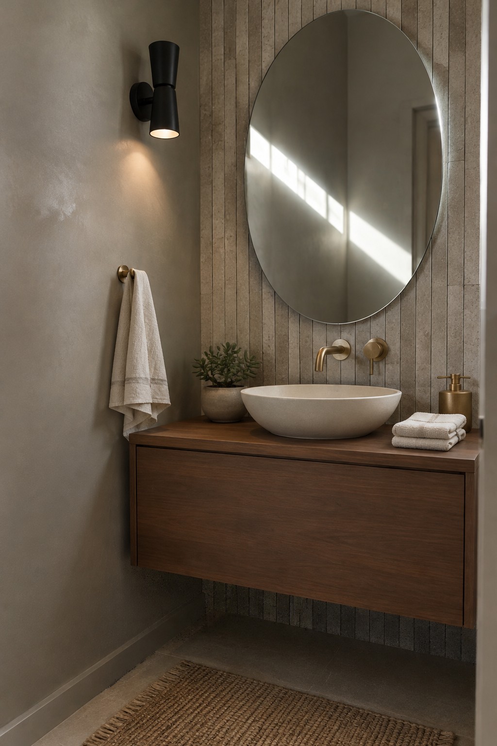 Warm greige bathroom walls beside a fluted stone vanity wall and dark wood cabinet.