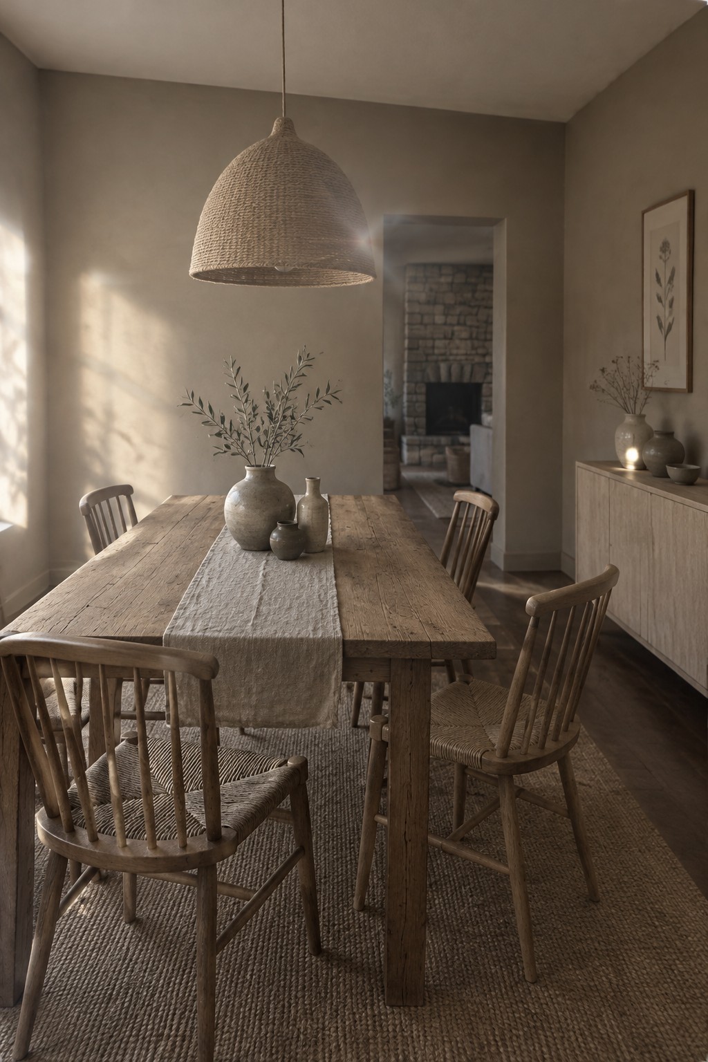 Warm greige walls in a Japandi dining room with a rustic wood table.
