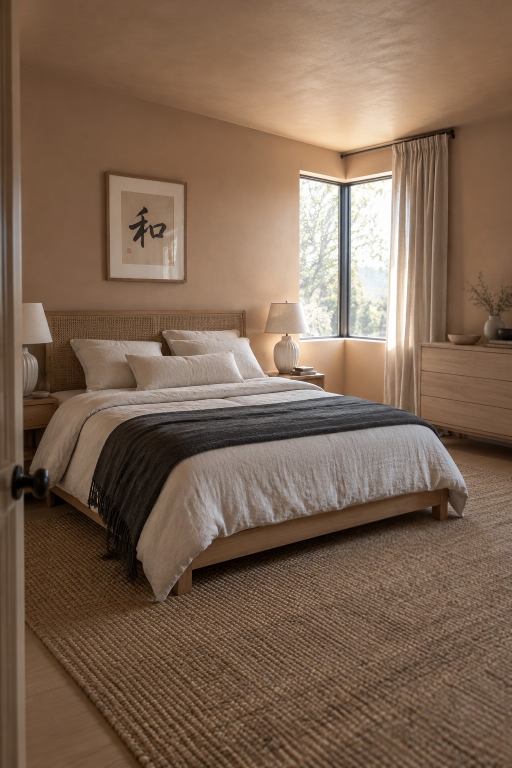 Warm greige bedroom walls behind a woven wood headboard.
