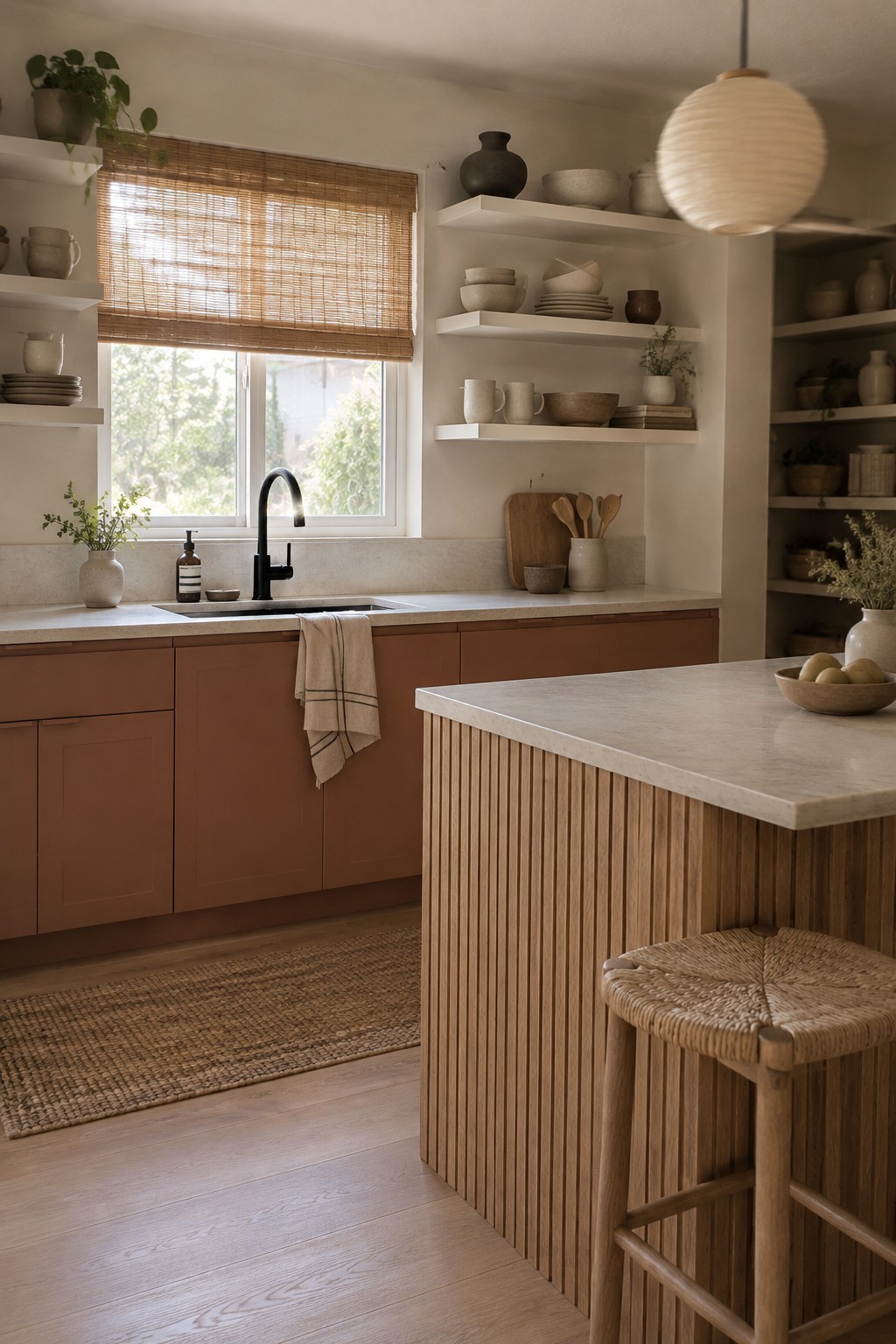 Warm greige kitchen walls above terracotta cabinets with a pale stone counter.