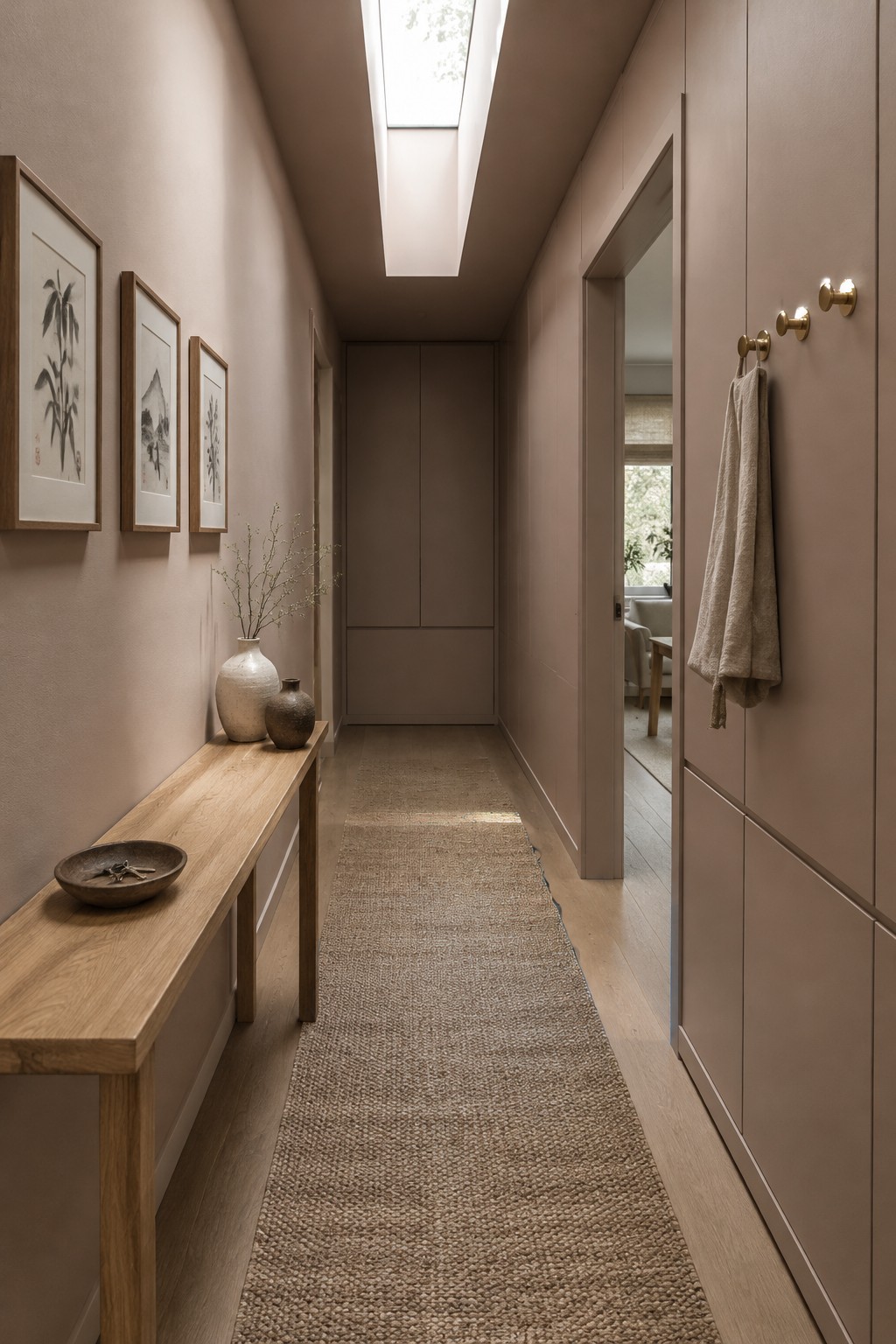 Warm taupe walls and matching built-in cabinets in a narrow hallway with light wood flooring.