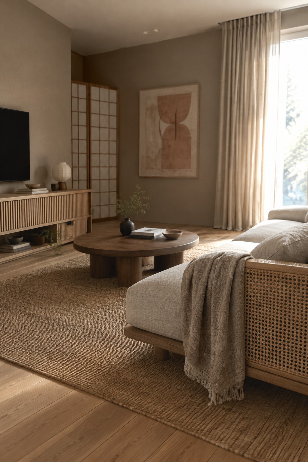 Warm taupe walls in a Japandi living room with wood flooring and furniture.
