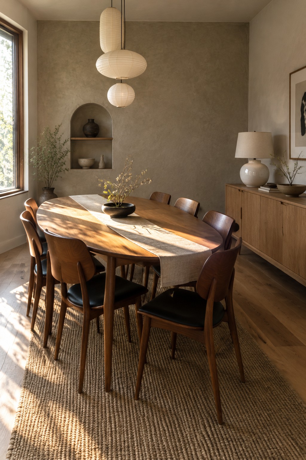 A long wooden dining table with a pale runner and bowl sits among mid-century chairs on a woven rug.