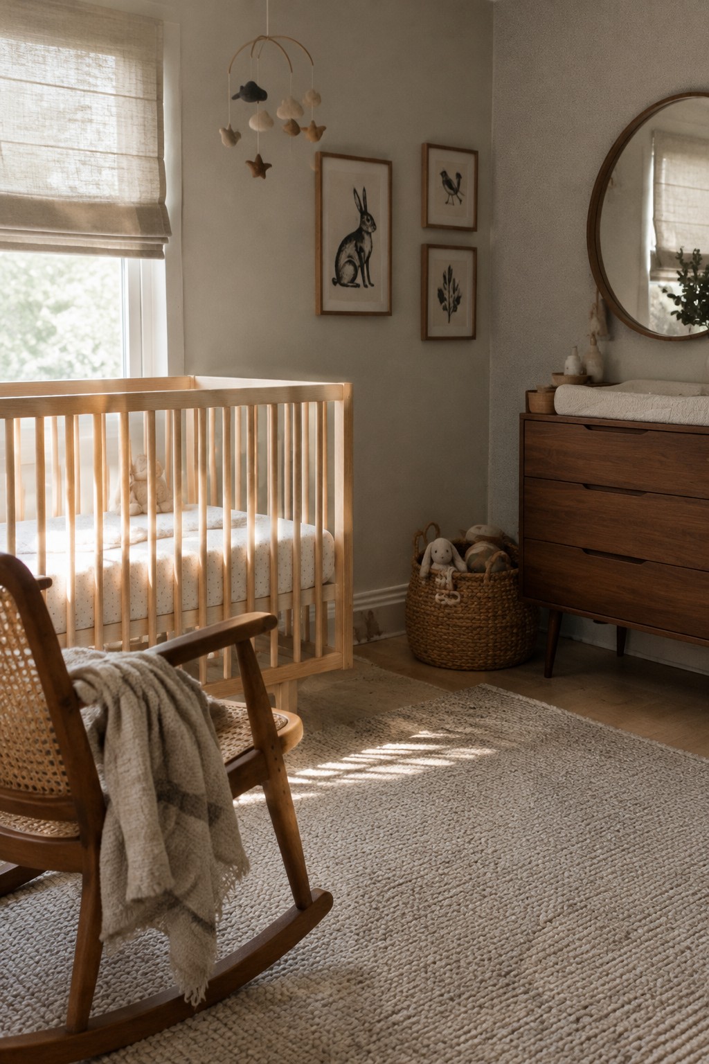 A nursery with a wooden crib, a mid-century rocking chair, framed animal prints, and a wooden dresser.