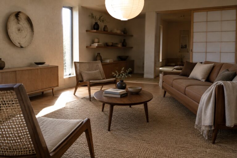 24 Retro Japandi Interiors Featuring Mid-Century Furniture Silhouettes A living room with a low gray sofa, wood-framed cane chairs, a wooden coffee table, and a woven rug.