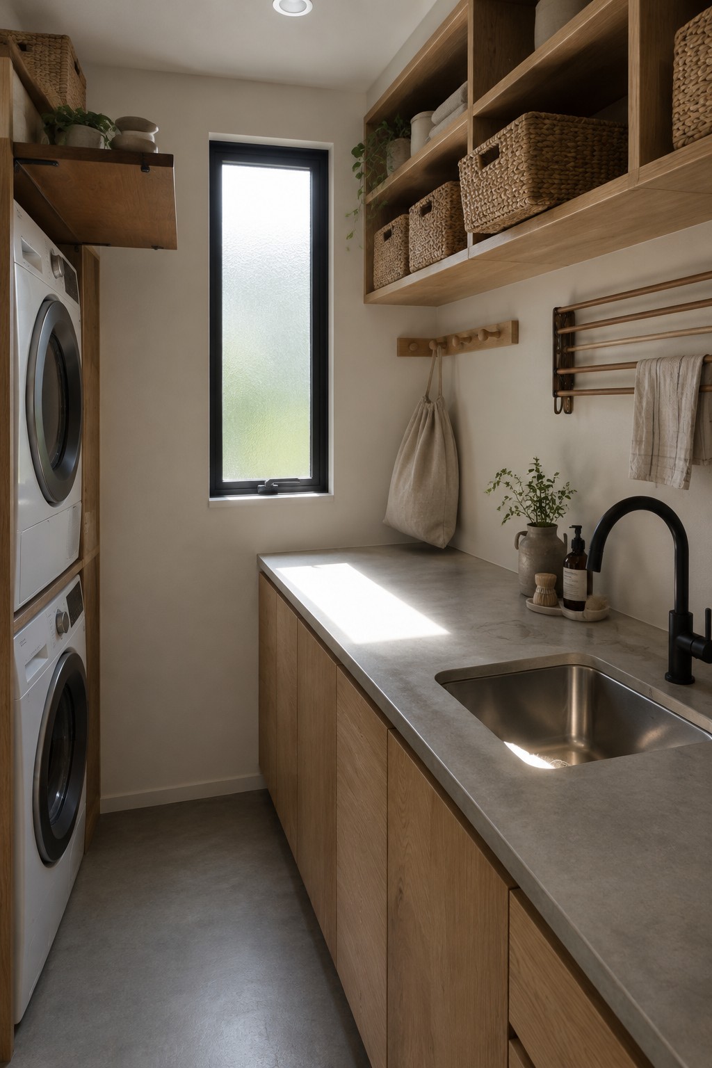 A narrow laundry room with stacked white washer and dryer, wood cabinets, a gray countertop and sink, and open shelves with woven baskets.