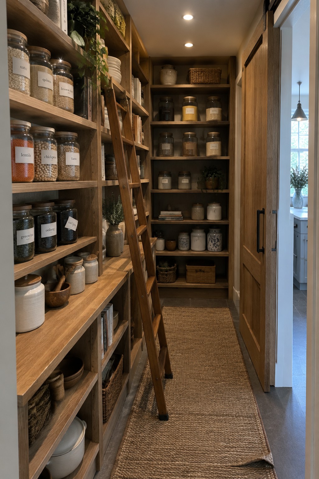 A narrow walk-in pantry with wooden shelves of labeled jars, a rolling ladder, and a woven runner.