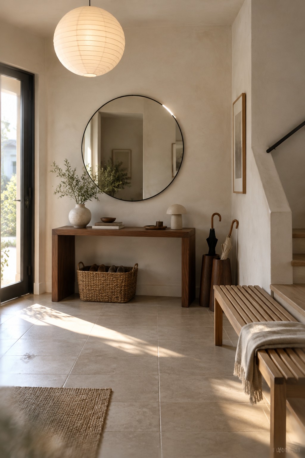 A dark wood console table sits beneath a round mirror in a neutral-toned entryway, with a woven shoe basket underneath.