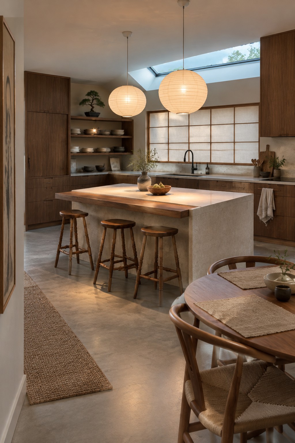 A kitchen island with three wooden stools sits beneath two paper pendant lights in a kitchen with dark wood cabinets and a large window.