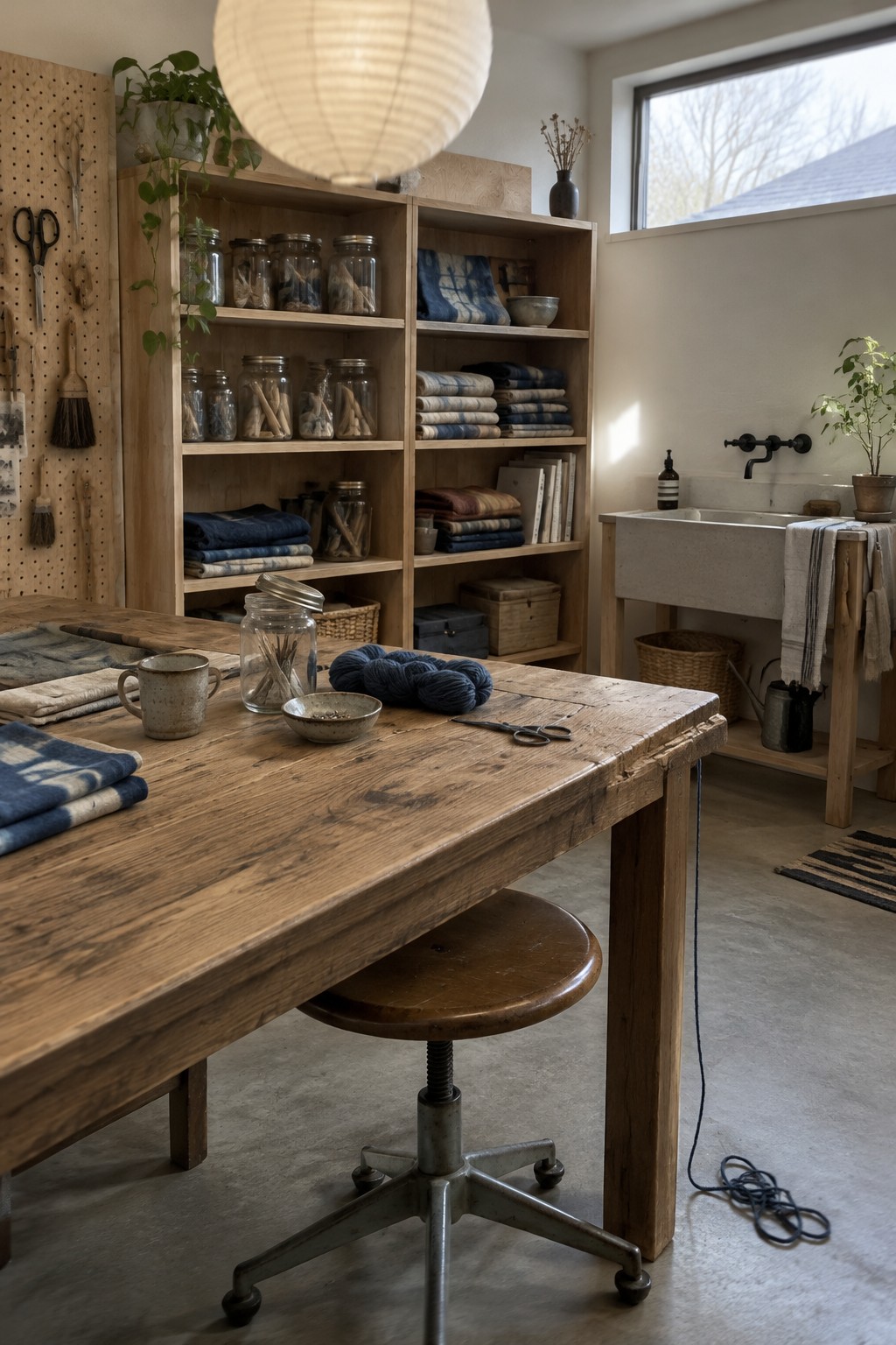 A wood craft table sits in front of open shelves holding folded fabric, glass jars, and baskets, with a utility sink to the right.
