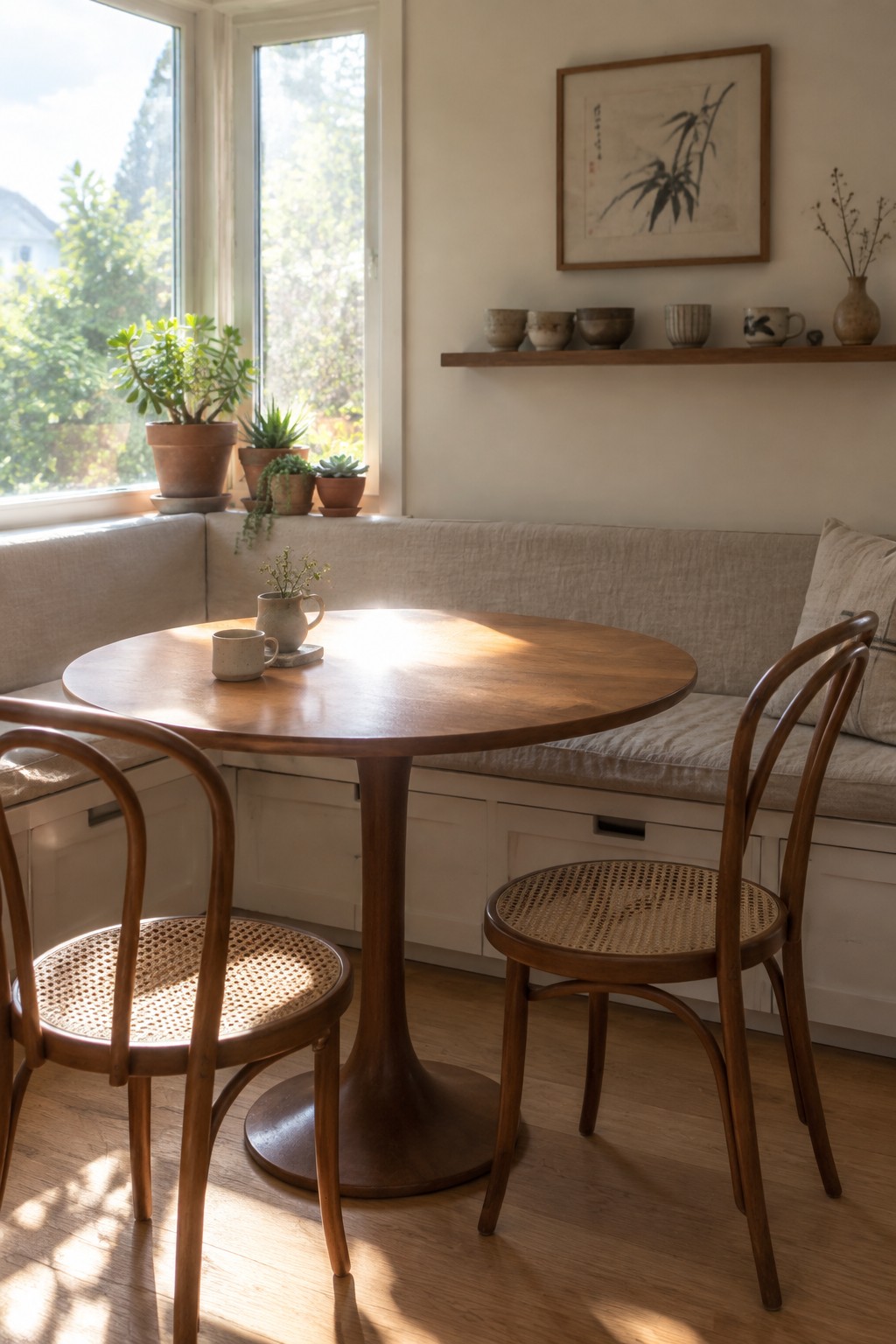 A round wooden pedestal table and bentwood chairs sit in front of a built-in upholstered bench beneath a wall shelf.