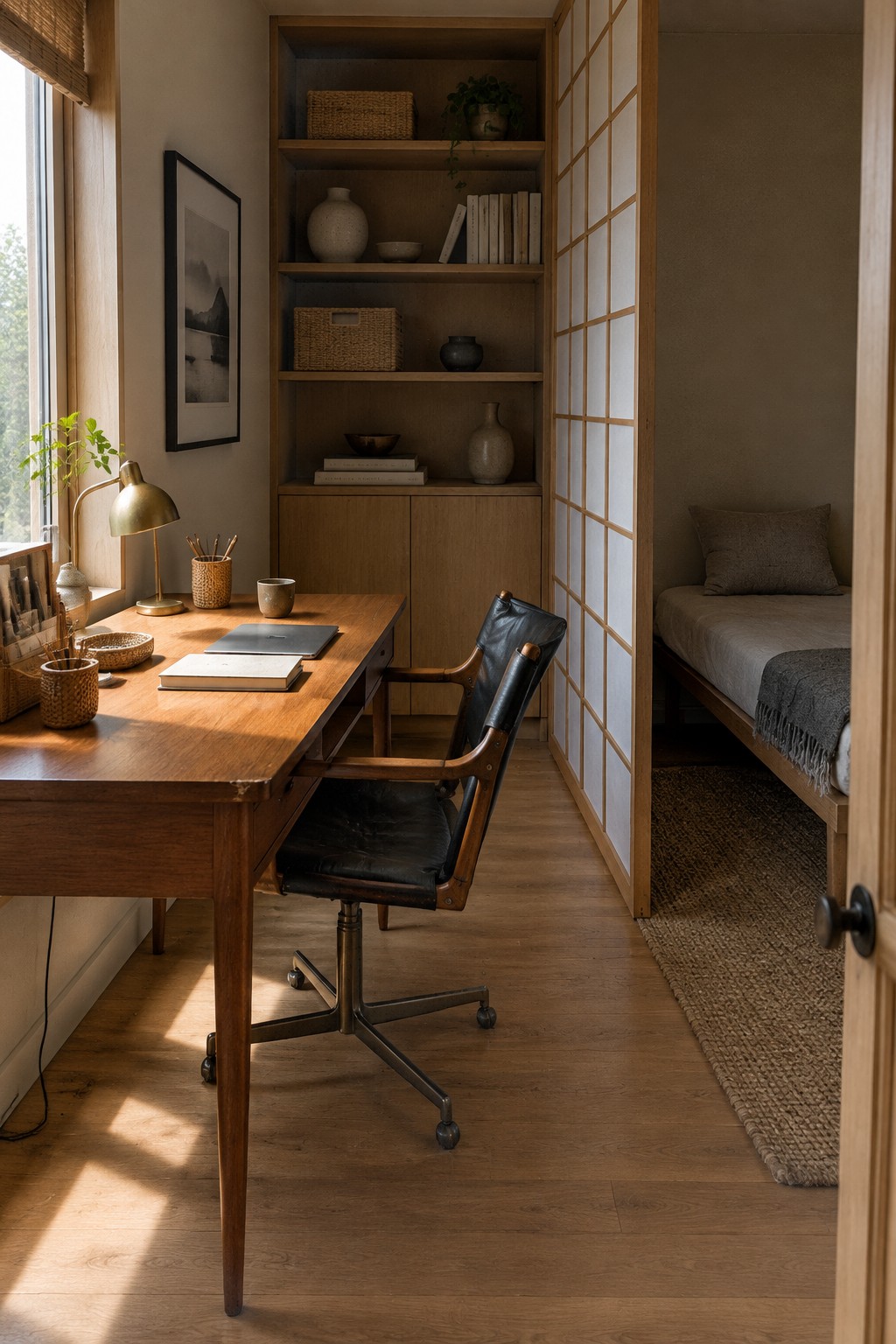 A wooden desk and chair sit beside a shoji screen that separates a small workspace from a bed.