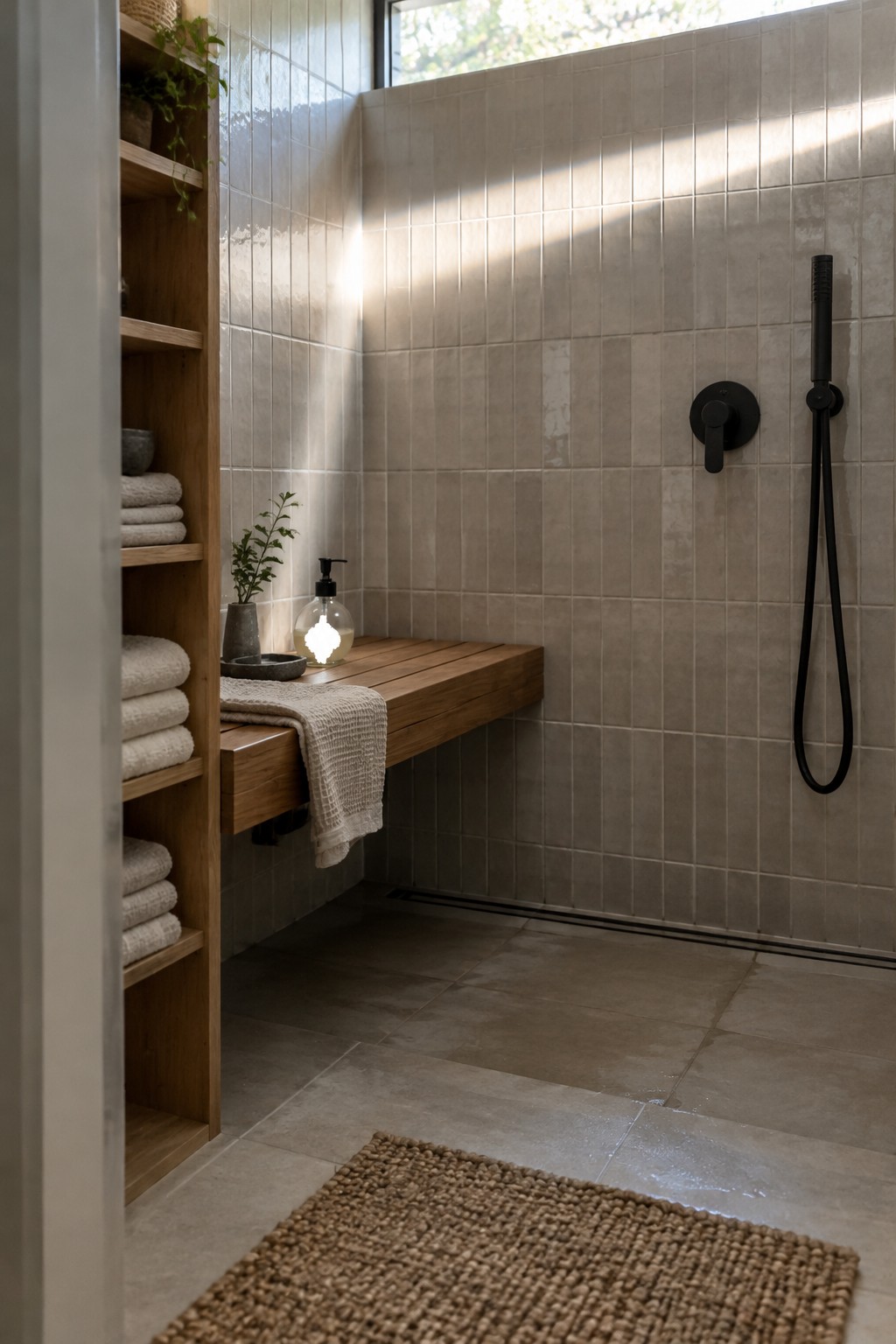 A tiled shower with built-in wooden shelves holding folded towels beside a wooden bench and black shower fixtures.
