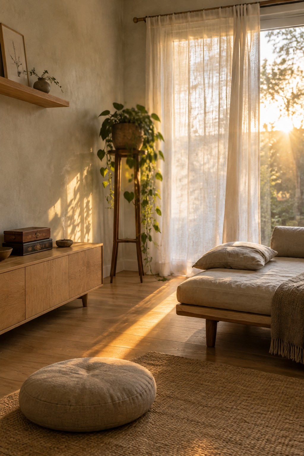 A low beige sofa and round floor cushion sit in a living room with a wooden cabinet, a potted plant, and sheer curtains.