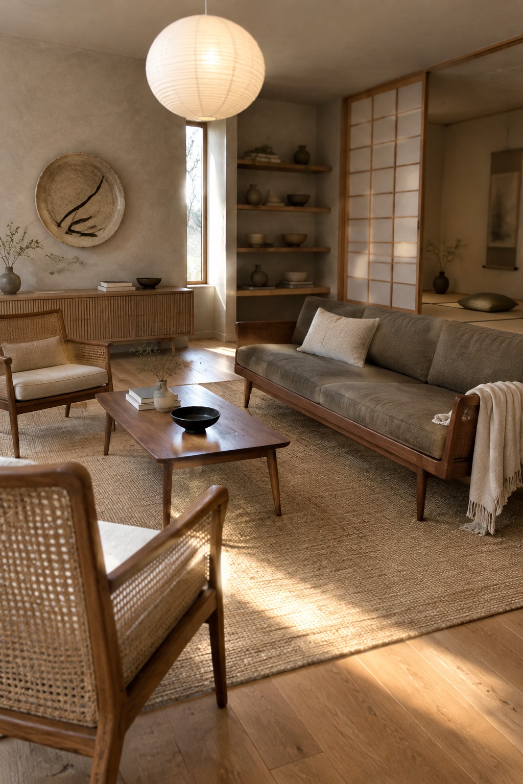A living room with a low gray sofa, wood-framed cane chairs, a wooden coffee table, and a woven rug.