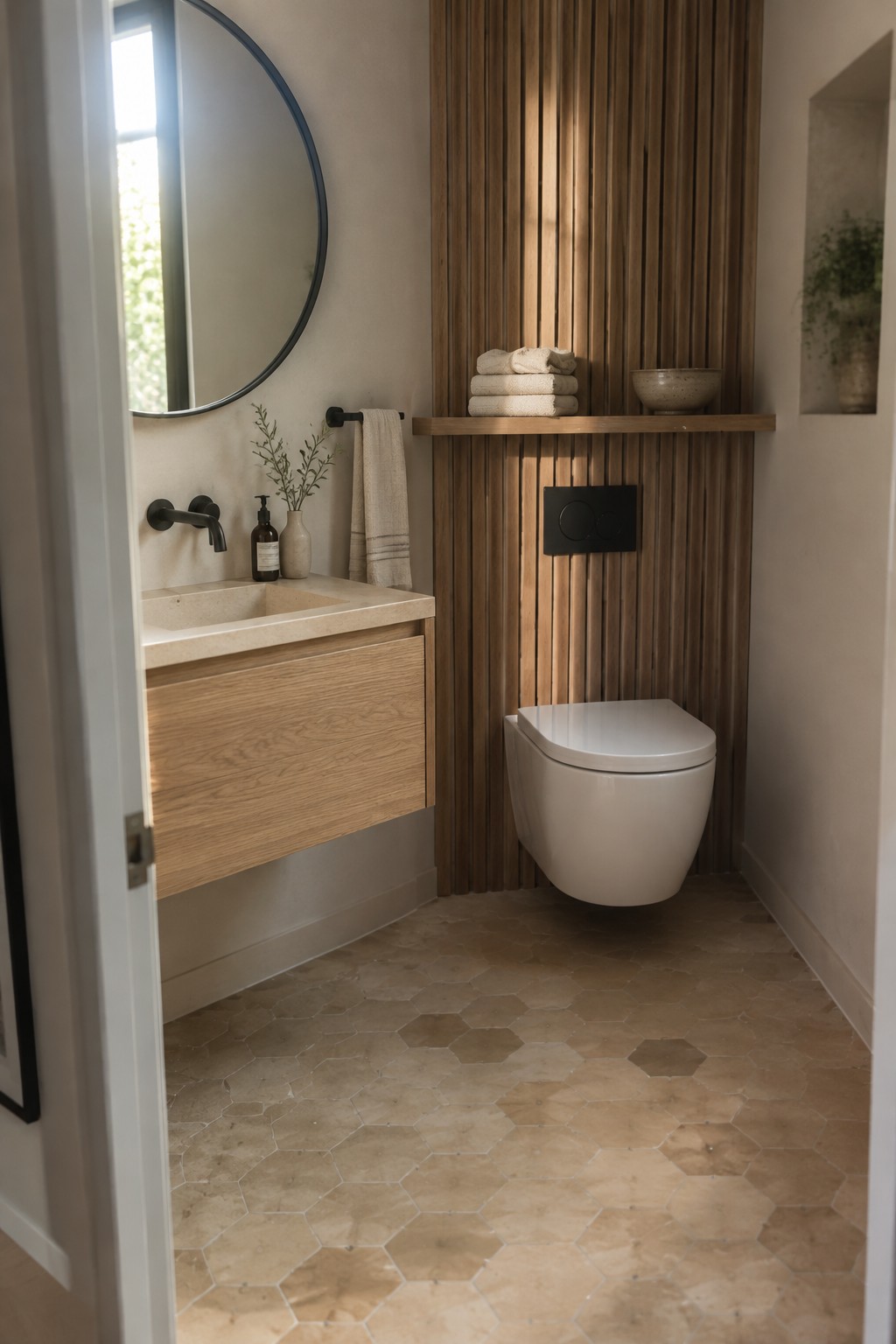 A bathroom with a wall-mounted wood vanity, round mirror, hexagonal tile floor, and toilet set against a vertical wood-slat wall.