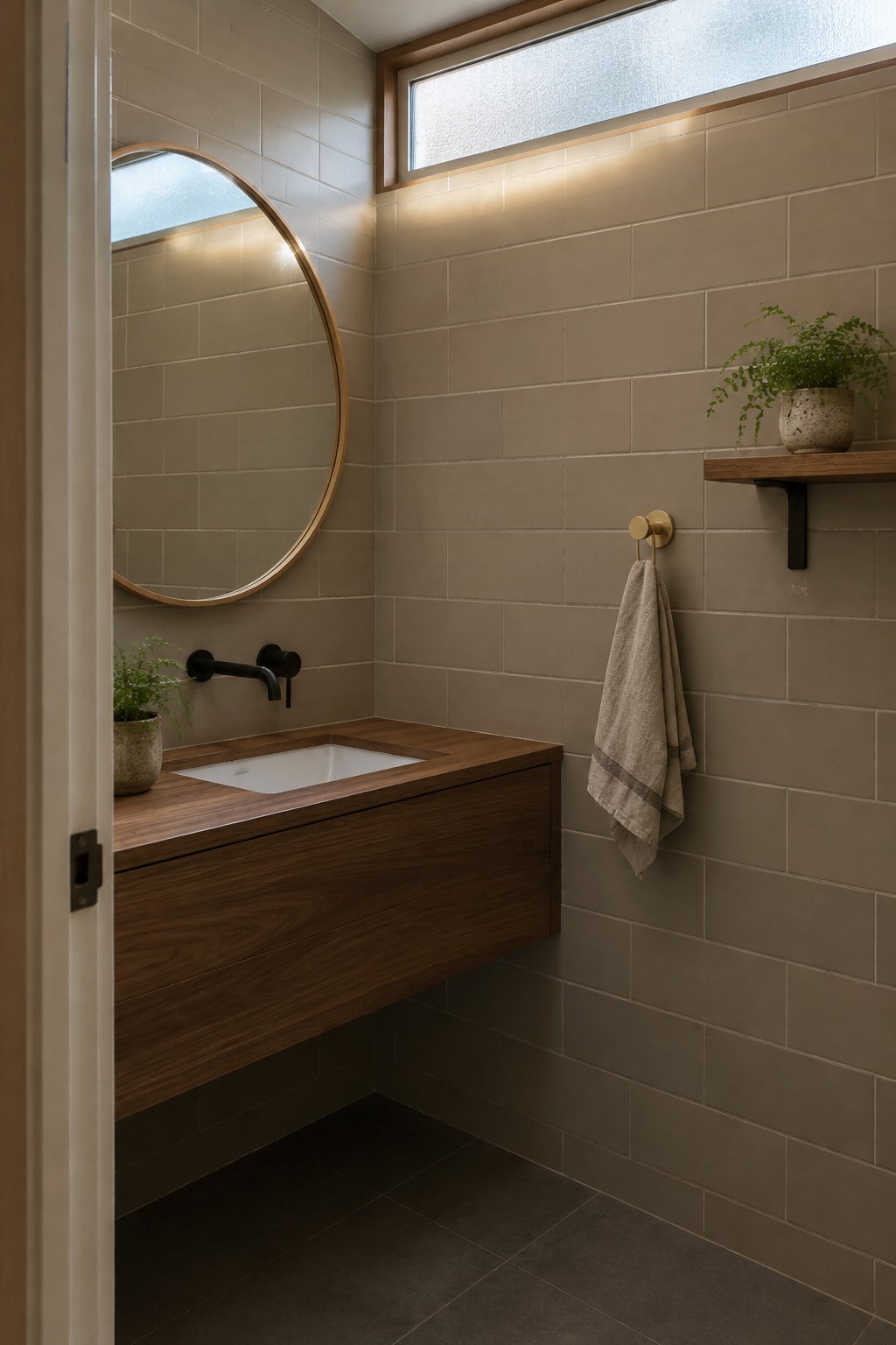 A compact bathroom with beige wall tiles, a floating wood vanity, a round mirror, and a high frosted window.