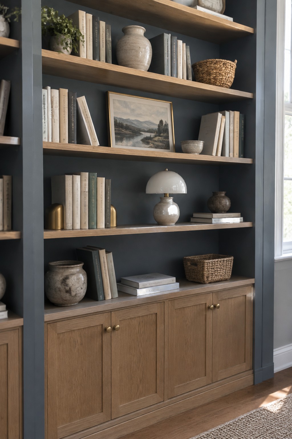 Charcoal blue-gray built-in shelving with natural oak shelves and lower cabinets in a living room.