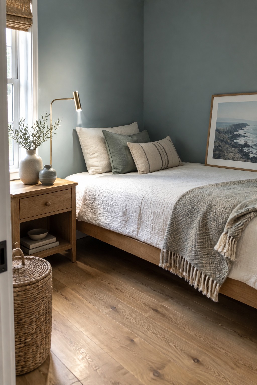 Blue-gray painted bedroom walls behind a natural oak bed.