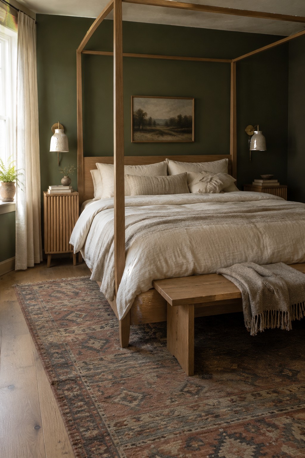 Deep olive bedroom walls surround a natural oak canopy bed.