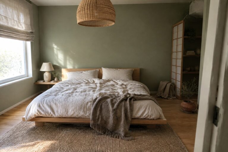 Muted sage green walls beside a natural oak bed in a bedroom.