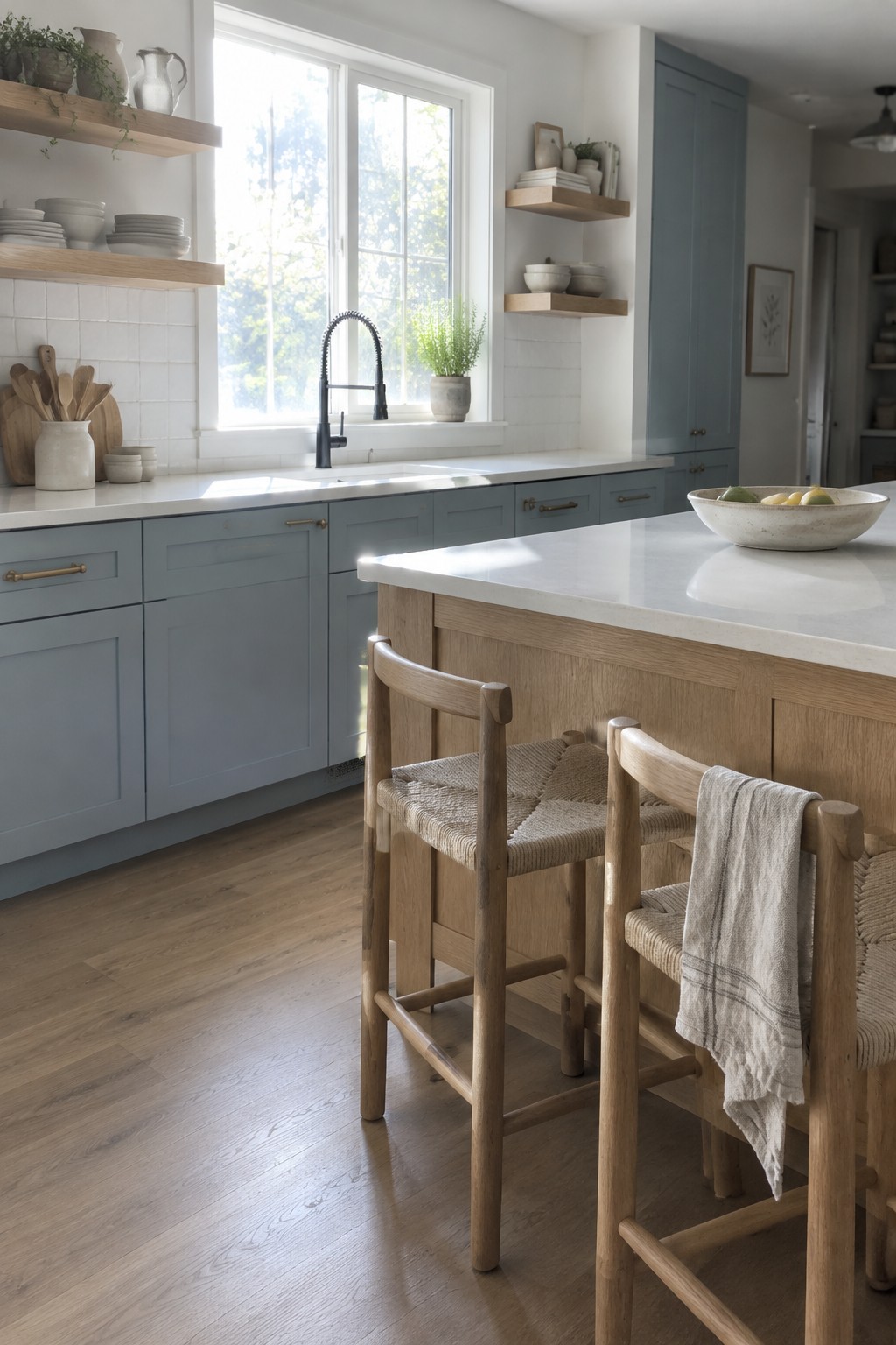 Muted blue-gray kitchen cabinets paired with a natural oak island and white countertops.