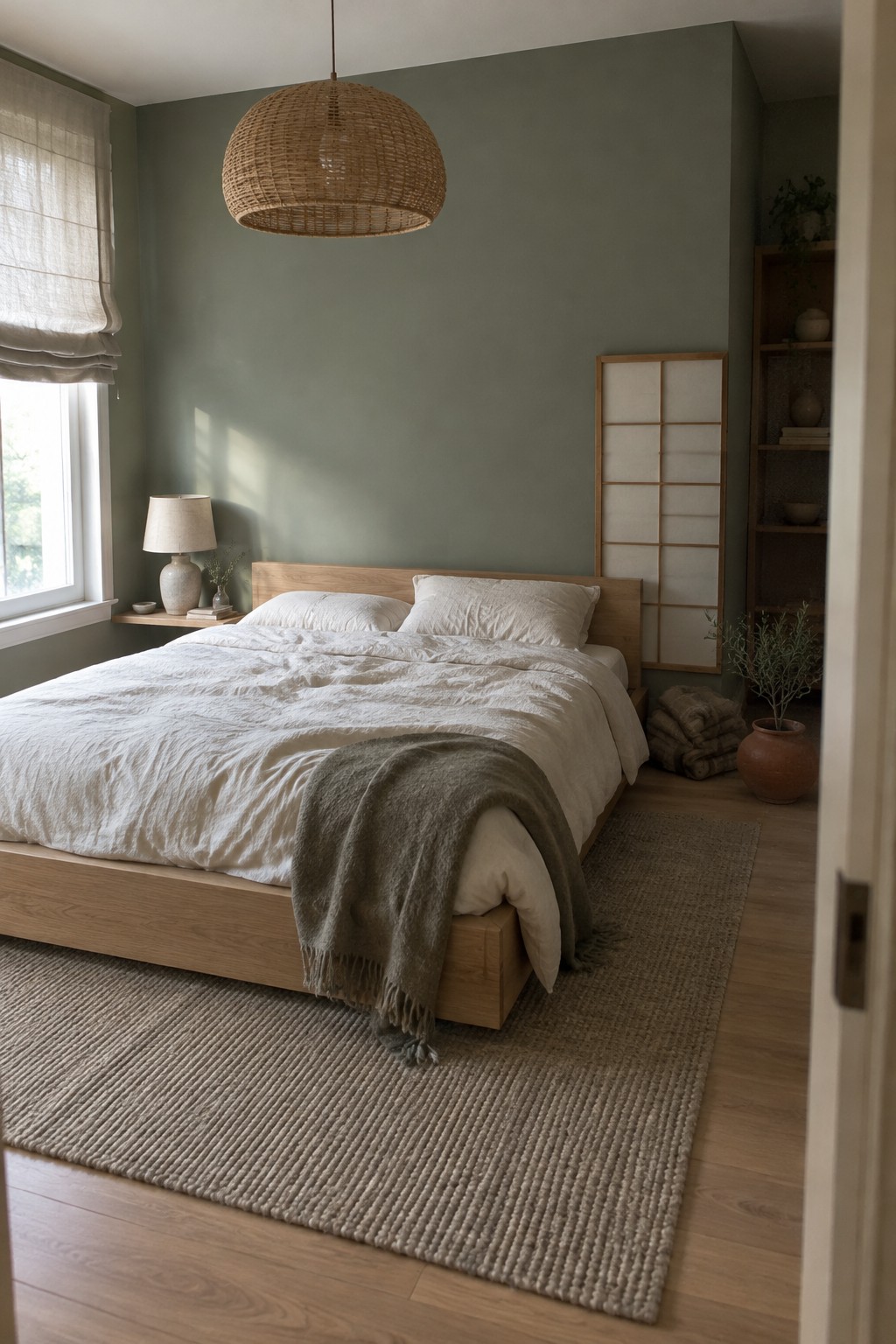 Muted sage green walls beside a natural oak bed in a bedroom.