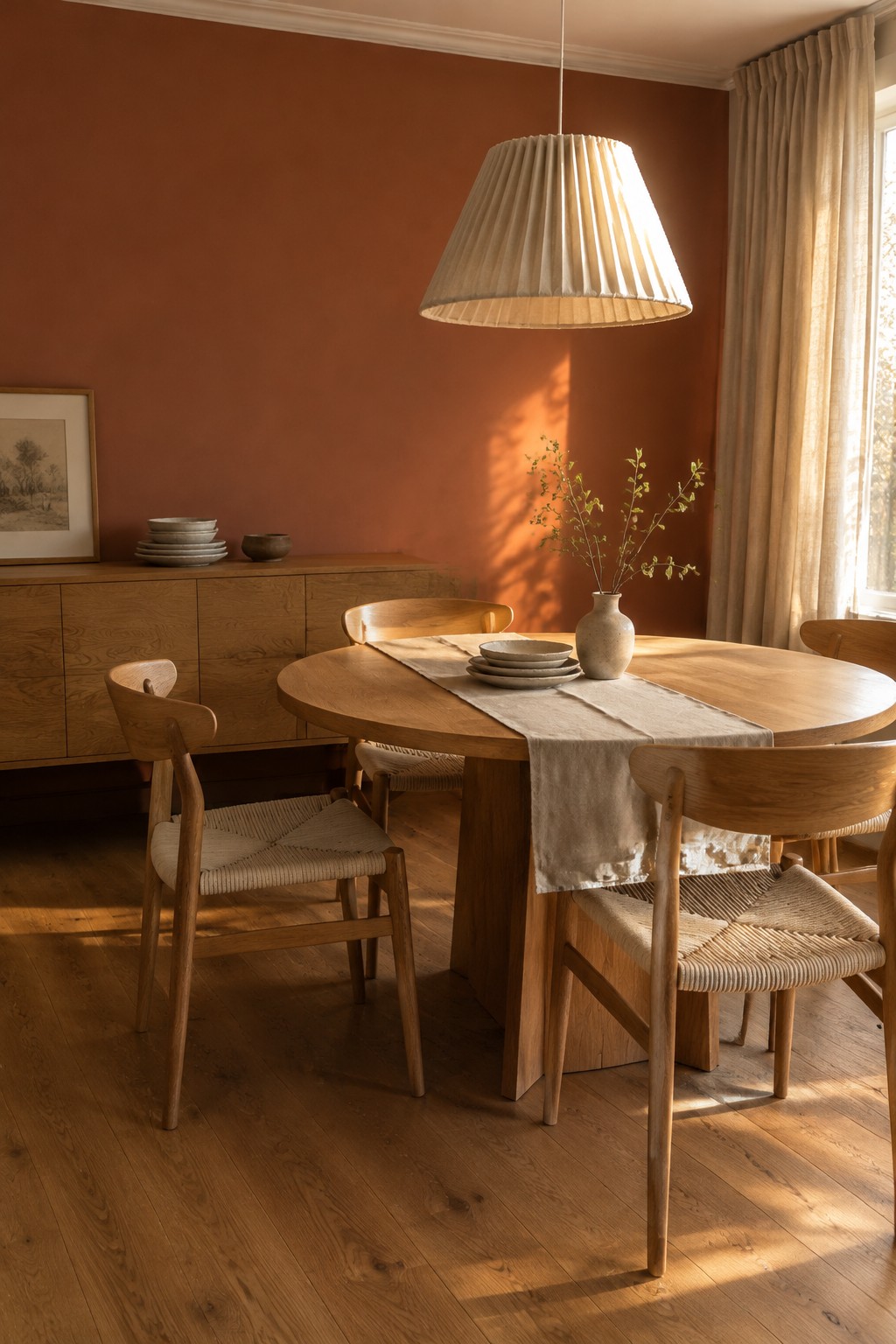 Terracotta dining room walls paired with a natural oak table and chairs.