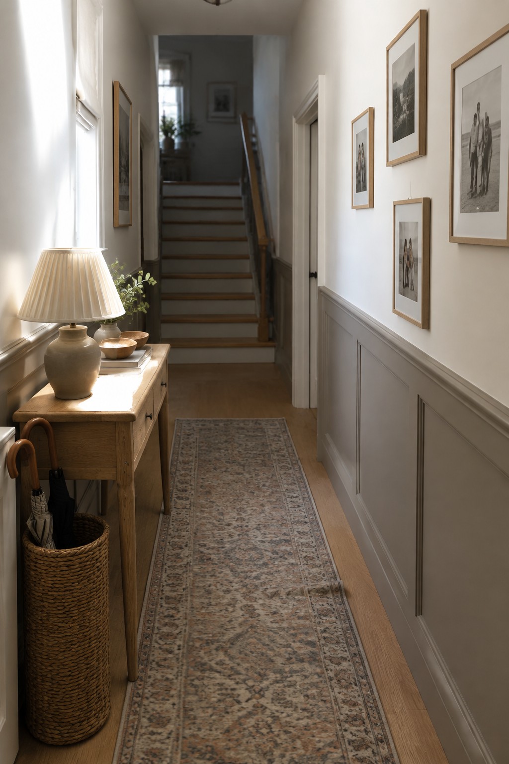 Warm greige wainscoting runs along a narrow hallway with natural oak flooring.