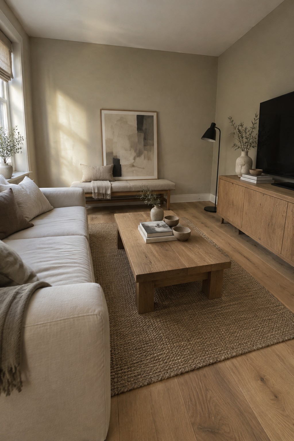 Warm greige living room walls with natural oak flooring and furniture.